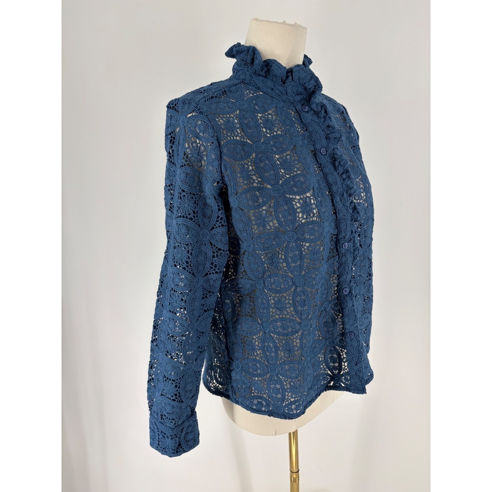 Ann Taylor Blue Guipure Lace Ruffle High Neck Button Down Blouse Top Small SP - Picture 2 of 4